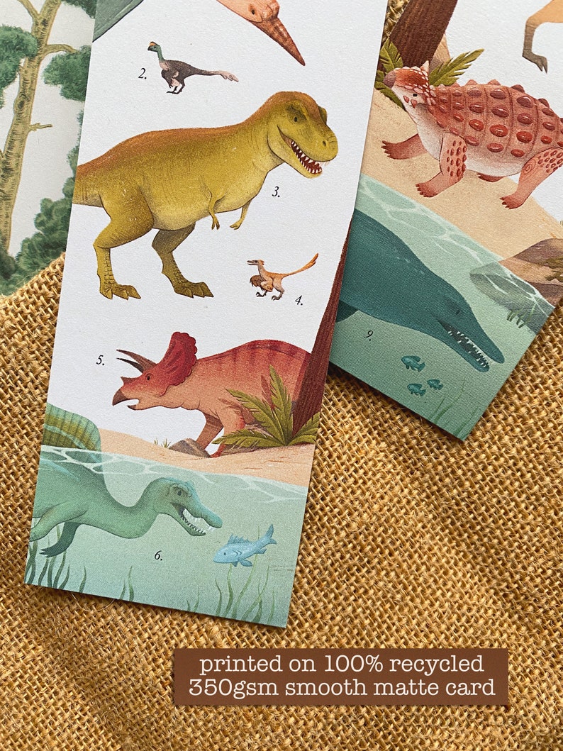 Late Cretaceous Bookmark Double Sided Dinosaur Art T-Rex, Triceratops, Spinosaurus illustration / painting / drawing HoneyPlumPaper image 4