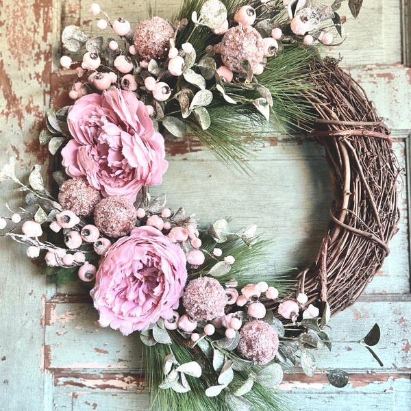 Elegant Pink Blush Christmas Winter Door Wreath