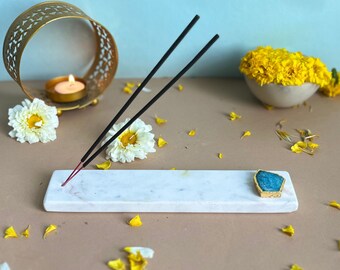 Incense Holder, Marble with Turquoise Agate Gold Plating Agarbatti Stand Puja Incense Stick Holder with Ash Catcher Incense Burner