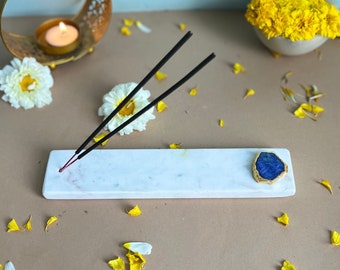 Incense Holder, Marble with Blue Agate Gold Plating Agarbatti Stand Puja Incense Stick Holder with Ash Catcher Incense Burner