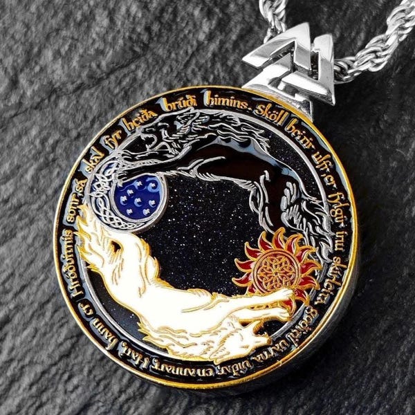 Skoll and Hati Gold and Silver Pendant / Necklace with Star Gemstone, Wolf Necklace, Norse Mythology, Viking Jewelry
