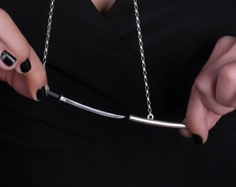 Silver Japanese Katana Sword Necklace, Samurai Warrior Jewelry