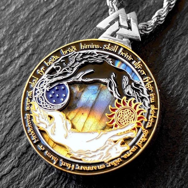 Skoll and Hati Gold and Silver Pendant / Necklace with Labradorite Gemstone, Wolf Necklace