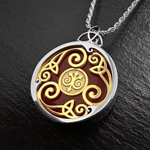 Silber und Gold Feuer Element Halskette / Anhänger mit Achat Edelstein