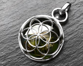 Flower of Life Pendant / Necklace with Green Cubic Zirconia Gemstone , Sacred Geometry Jewelry, Spiritual Jewelry