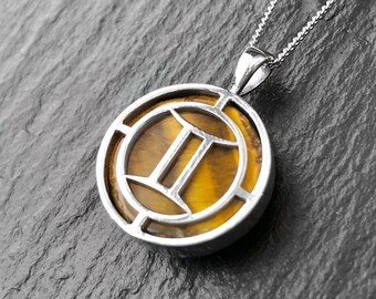 Zilveren ketting met sterrenbeeld Tweelingen met edelsteen tijgeroog, dierenriemsieraden, verjaardagscadeau Tweelingen, ketting astrologie