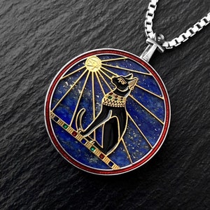 Bast / Bastet Necklace, Pendant with Lapis Lazuli Gemstone, The Egyptian Goddess of Protection, Cat Goddess, Silver and Gold Jewelry