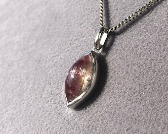 Dark Pink Cabochon Tourmaline Necklace, Silver Jewelry, Marquise Pendant