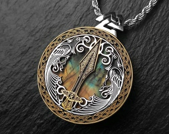 Ciondolo/collana Gungnir con lancia di Odino e simbolo di Valknut, corvo di Odino e pietra preziosa di labradorite