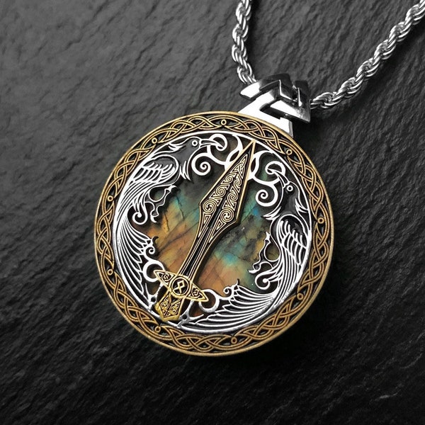 Odin's Spear Gungnir Pendant / Necklace with Valknut Symbol, Raven’s of Odin, Labradorite Gemstone, Norse Mythology, Pagan Jewelry