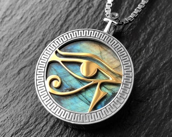 Gold and Silver Eye of Ra Pendant / Necklace with Labradorite Gemstone
