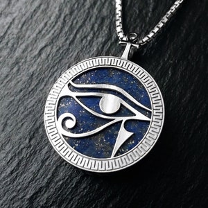 Eye of Ra Egyptian God of Sun Silver Pendant and Necklace with Lapis Lazuli Gemstone