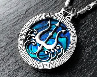 Poseidon the Greek God of Sea Trident Necklace / Pendant with Blue Abalone Shell , Silver Greek Medallion, Greek Mythology