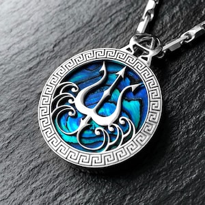 Poseidon the Greek God of Sea Trident Necklace / Pendant with Blue Abalone Shell , Silver Greek Medallion