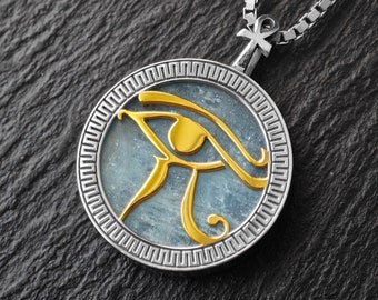 Gold and Silver Eye of Horus Pendant / Necklace with Aquamarine Gemstone, Protection necklace, Egyptian Jewelry, Gifts