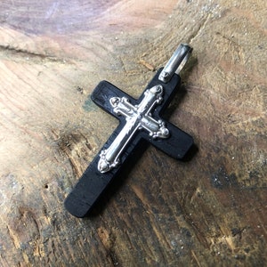 Sterling Silver Ebony Cross Pendant, Protection Necklace, Religious Jewelry, Luck, Perfect gift for her, for him, Mother&#39;s Day