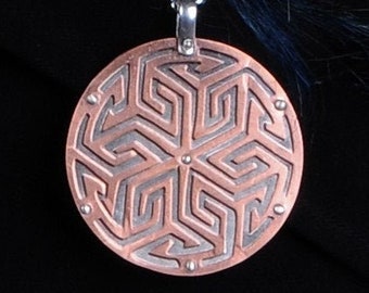 Round Circle Maze Medallion / Necklace / Pendant, Geometric Jewelry, Power Necklace, Labyrinth, Silver and Bronze, Mother's Day Gift