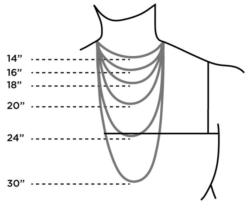 Op de afbeelding: Een diagram dat verschillende kettinglengtes laat zien van 4 inch tot 30 inch. De kettinglengtes zijn gemarkeerd met stippellijnen en de afmetingen zijn in inches aangegeven.