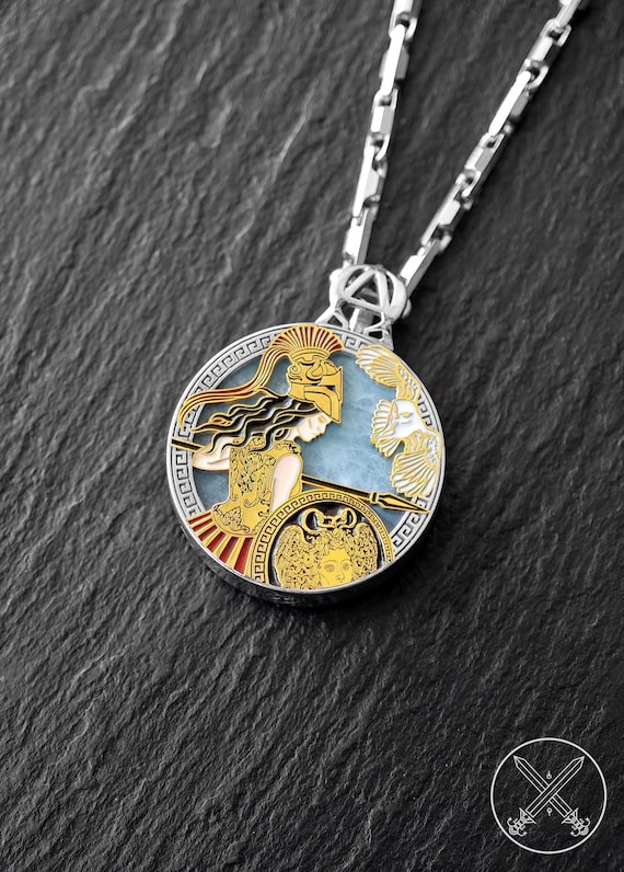 Athena the Greek Goddess of Wisdom and War Necklace / Pendant with Aquamarine Stone, Gold and Silver Greek Medallion