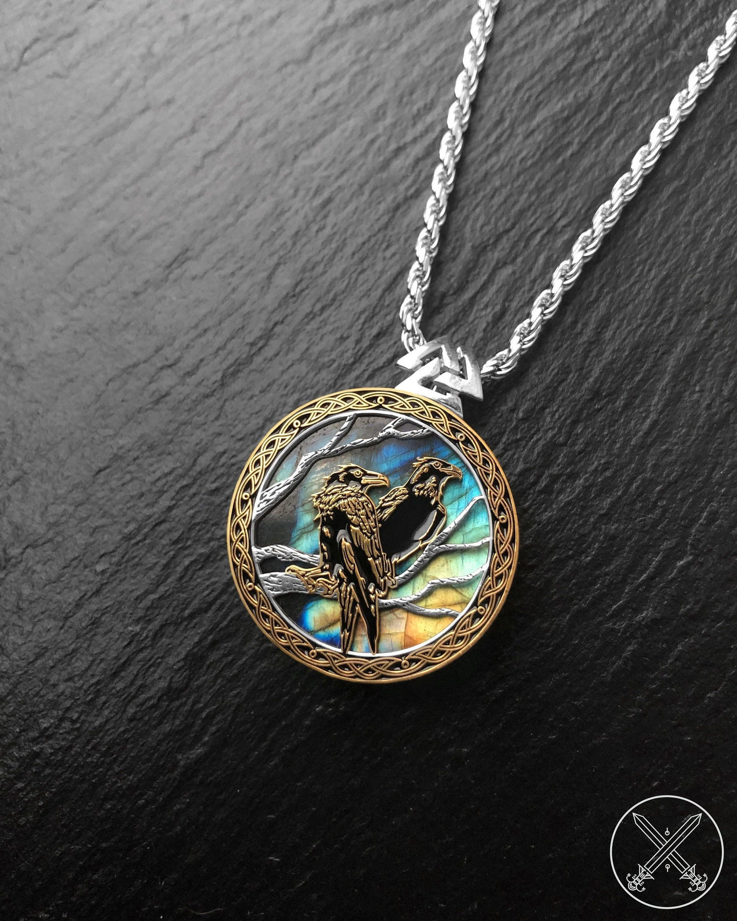 The Ravens of Odin Gold and Silver Pendant / Necklace with Labradorite Gemstone, Huginn and Muninn