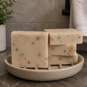 May include: Four beige square soaps with brown specks are stacked on a speckled ceramic soap dish. A fifth soap sits beside the stack. The soap dish is round with a slotted design. A small potted plant is in the background.