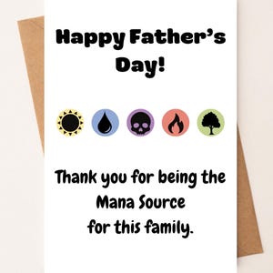May include: A white greeting card with the black text Happy Father's Day! followed by five circular icons representing a sun, water drop, skull, flame, and tree. Below the icons is the black text Thank you for being the Mana Source for this family.