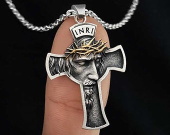 Christ Jesus Crucifix Necklace,  Silver Christian Mens Pendant , Cross jewelry , Religious Christmas Gift for Men