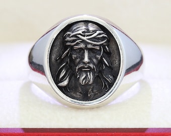 Holy Face of Jesus signet ring,  Silver Christian jewelry , Religious gift