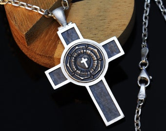 Lutheran rose on christian cross necklace, Luther rose cross , Protestant pendant, Christmas gift .