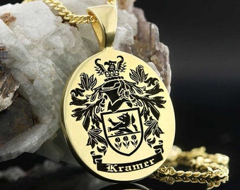 Family Crest Necklace , Custom Coat of Arms Pendant , Heraldic Jewelry , Christmas Gift  , Oval Engraved Necklace
