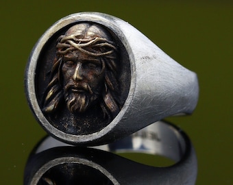 Jesus Ring , Sterling silver signet ring with bronze Jesus Christ head , Christian Jewelry Christmas Gift