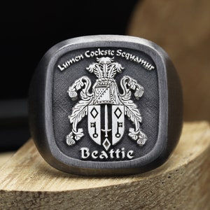 Family Crest Ring , Personalized Coat of Arms ring , Black heraldic ring , Gift for men , Large signet ring image 1
