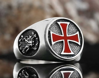 Templar Cross Rings , Red Cross Enamel Mason Ring , Silver Masonic Jewelry For Men ,
