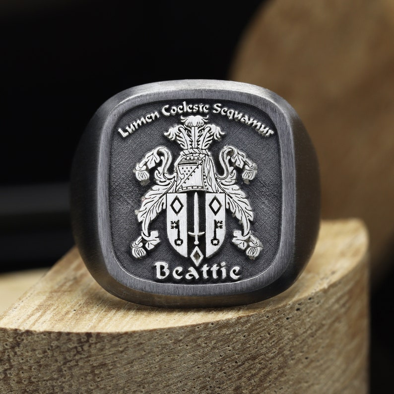 Family Crest Ring , Personalized Coat of Arms ring , Black heraldic ring , Gift for men , Large signet ring image 1