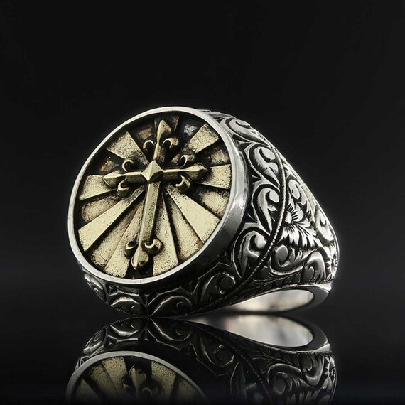 Cross Ring silver , Christian Ring with handmade patterns , Religious