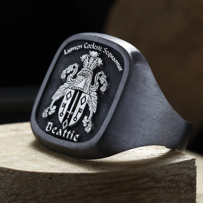 Family Crest Ring , Personalized Coat of Arms ring , Black heraldic ring , Gift for men , Large signet ring image 9