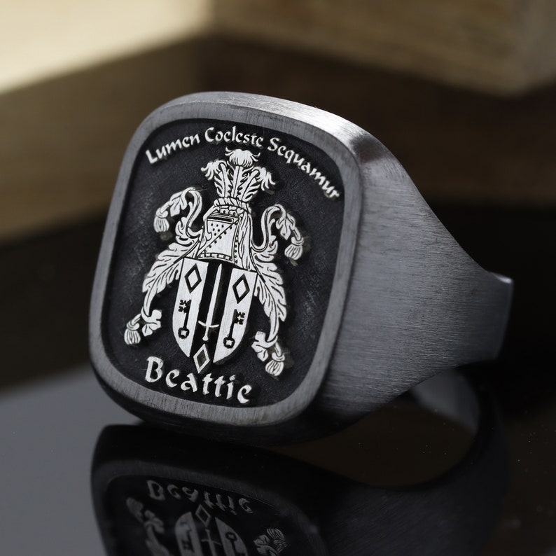 Family Crest Ring , Personalized Coat of Arms ring , Black heraldic ring , Gift for men , Large signet ring image 3