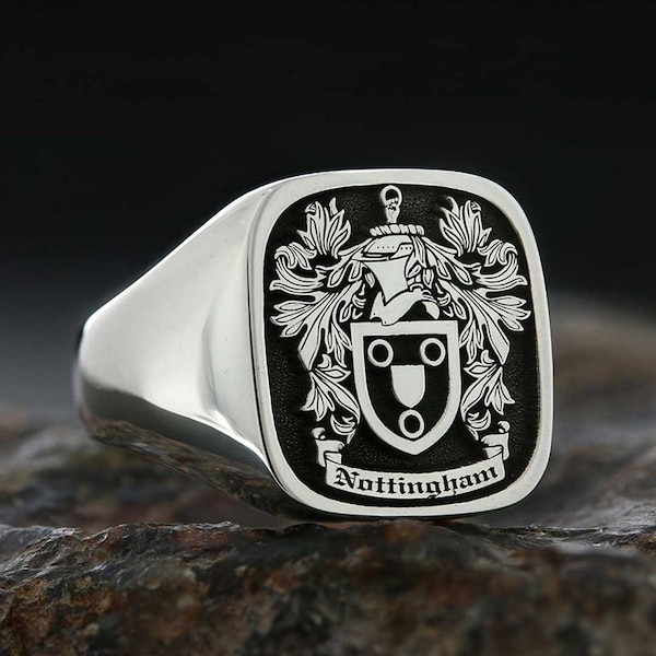 Family Crest Signet Rings • Family Name Sign Engraved Ring • Personalized Jewelry • Custom Signet Ring Men