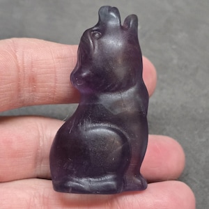 May include: A small, carved figurine of a cat in a sitting position. The figurine is a deep purple color and appears to be made of a translucent stone. The cat has pointed ears and a rounded body. The figurine is held in a hand.