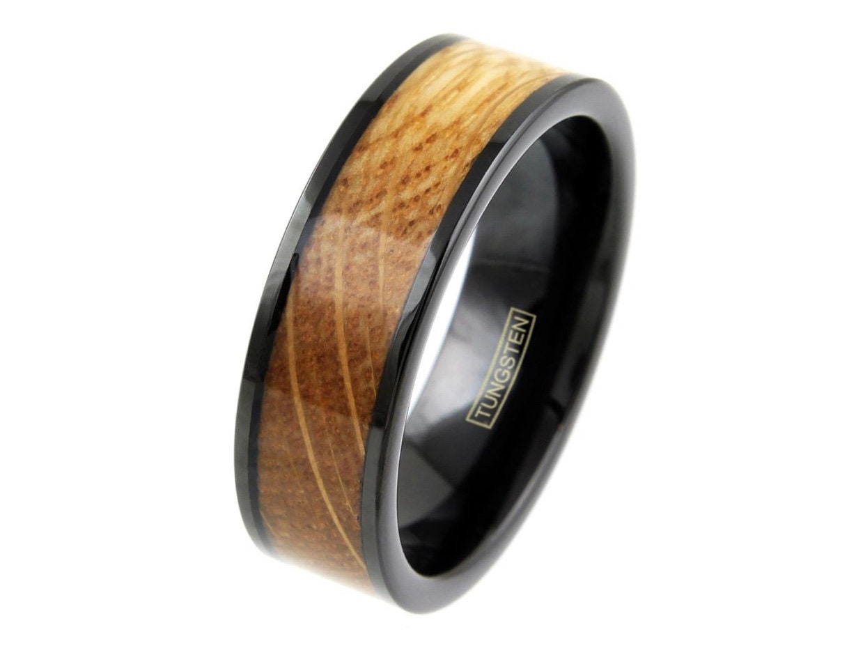 8mm Black Tungsten Whiskey Barrel Wood Inlaid Wedding Band Ring Jewelry TW