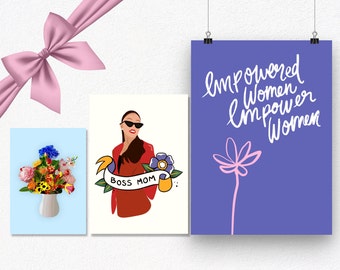 Birthday Gift Set For Boss Mom - Wall Print, Postcard And Greeting Card Set - Empowered Woman Gift