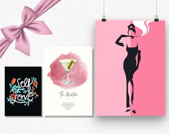 Mother Birthday Gift Set - Martini Recipe Card - Set Of Wall Print, Greeting Card And Post Card