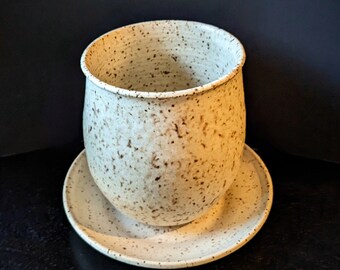 Ceramic Planter, Stoneware Planter, Speckled White Planter and Plate set