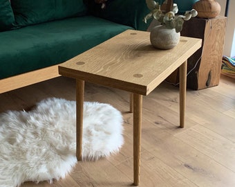 Oak slab coffee table, rustic bench