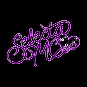 May include: Purple neon sign with the text "Selecta MC" in a cursive font. The sign is shaped like a heart with a black background.