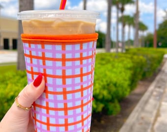 Orange Pink Plaid Drink Sleeve | Neoprene Iced Coffee Sleeve