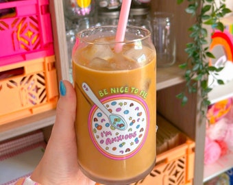 Be Nice I’m Anxious Can Cup || Cup for Iced Drinks || Beer Can Glass || Soda Can Glass || Libbey Glass || Iced Coffee Cup || Anxiety Cereal