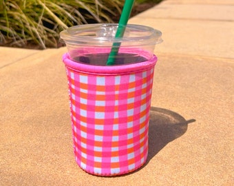 Gingham Coffee Sleeve | Pink & Orange Plaid Drink Holder