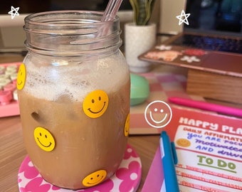 Happy Face Glass Mason Jar Cup || Cup for Iced Drinks