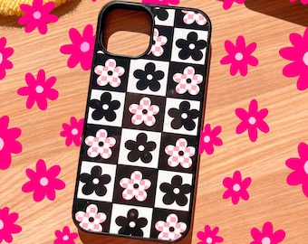 Pink and Black Checkered Flower Phone Case || iPhone Case || Trendy Pinterest Phone Case